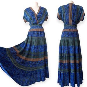 Vintage 90s Carole Little Tiered Maxi Dress Women 8 Blue Floral Boho Cottagecore